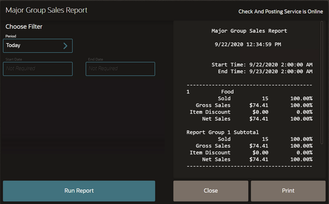 report of a restaurant to keep track of menu category sales